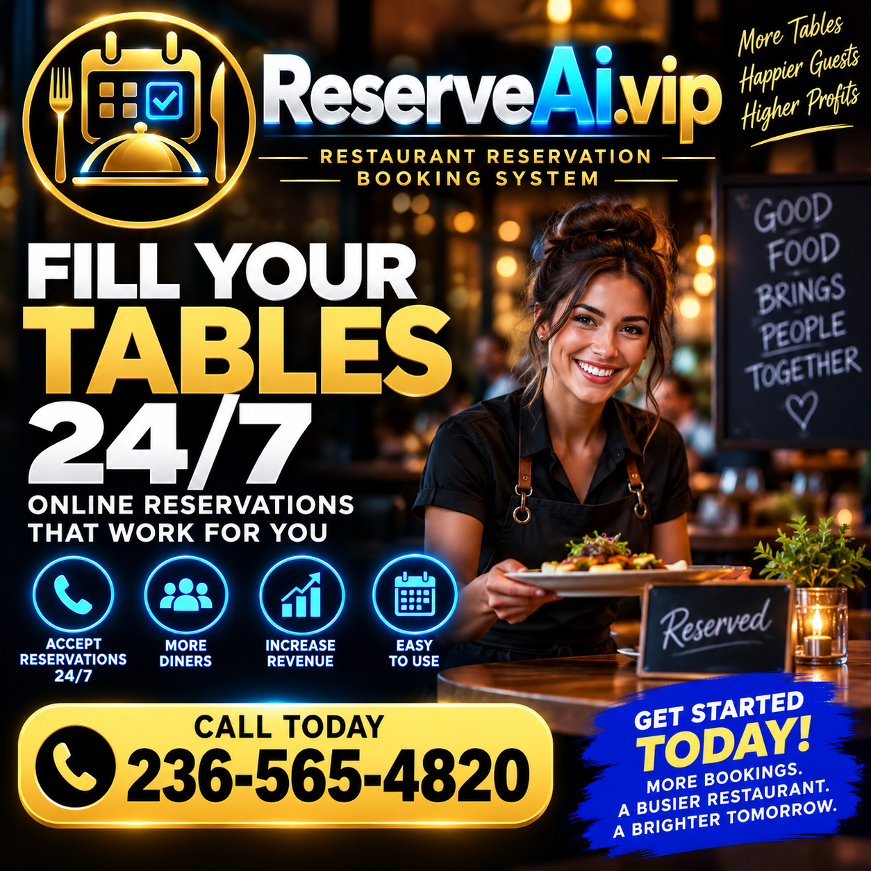 ReserveAI.VIP restaurant reservation advertisement showing 24/7 bookings and a restaurant host